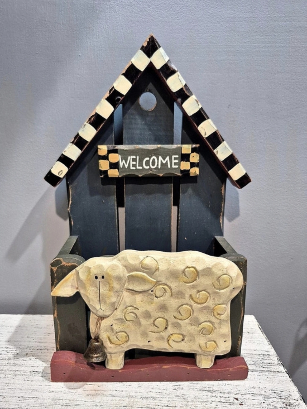 Vintage Primitive Wooden Sheep Welcome Letter Holder & Mail Organizer